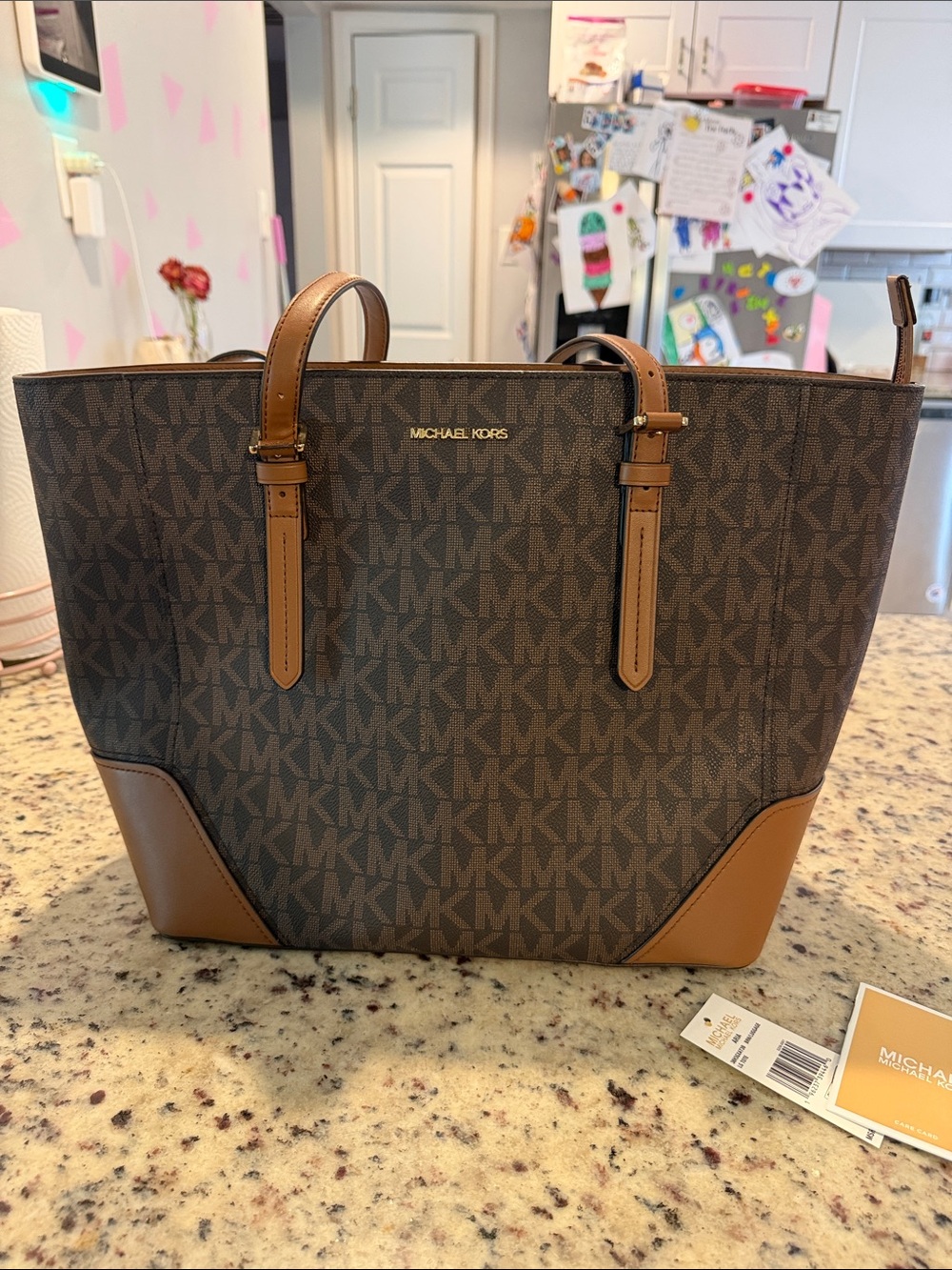 Michael Kors Aria Brown Logo Tote with Tan Trim and Gold Logo